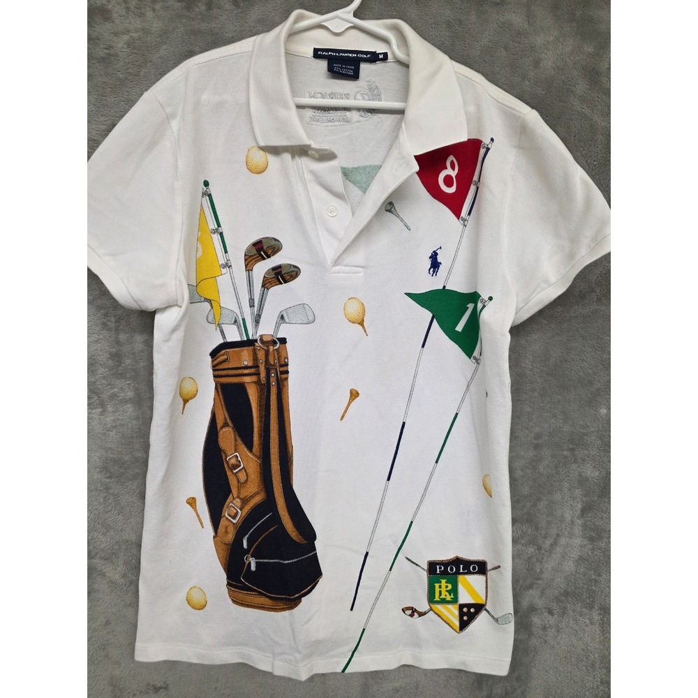 90s Ralph Lauren Golf AOP Polo Shirt Women White Zurich Classic Golf Bag Graphic